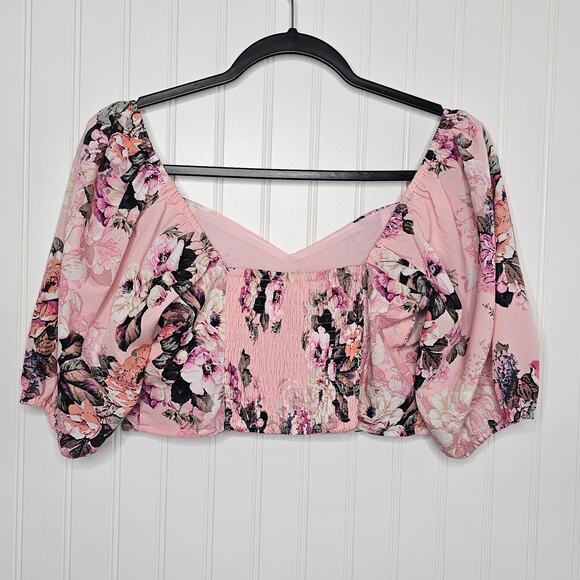 Buddy Love Pink Floral Puff Sleeve Blouse Size Small Cropped Whimsy Smocked Boho - Picture 3 of 7